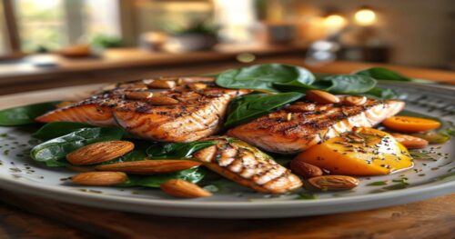 A close-up, photorealistic image of a balanced dinner plate on a wooden table, featuring grilled salmon with almonds, steamed spinach, and a small portion of sweet potato, with soft natural lighting a