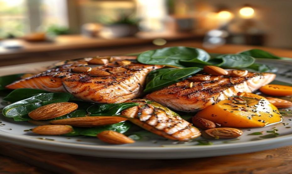 A close-up, photorealistic image of a balanced dinner plate on a wooden table, featuring grilled salmon with almonds, steamed spinach, and a small portion of sweet potato, with soft natural lighting a