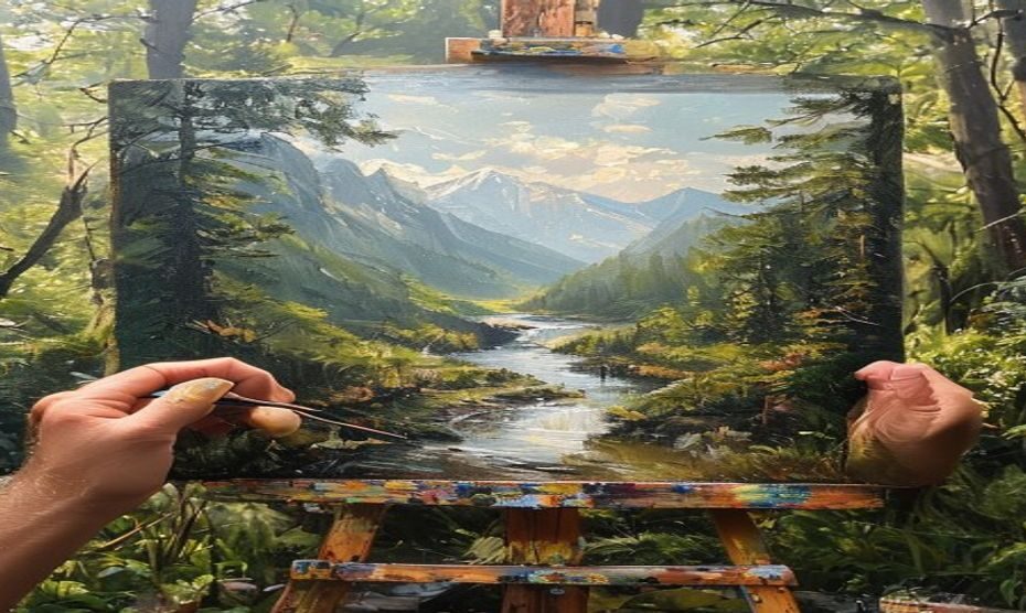 A serene landscape painting in progress on an easel set in a lush green forest, with natural light filtering through trees onto a canvas depicting mountains and a river, artist's hands visible holding