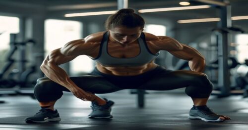 A photorealistic image of a person performing a hip thrust exercise with perfect form in a modern gym setting, showing clear muscle activation in the glutes, natural lighting, fitness attire, focused
