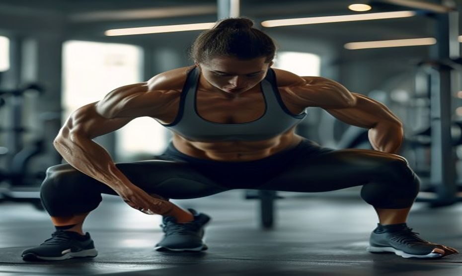 A photorealistic image of a person performing a hip thrust exercise with perfect form in a modern gym setting, showing clear muscle activation in the glutes, natural lighting, fitness attire, focused