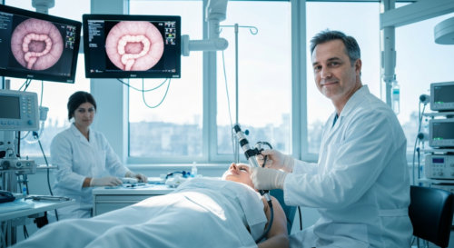 A detailed, photorealistic image of a modern colonoscopy procedure in a hospital setting, showing a gastroenterologist performing the examination on a patient with advanced medical equipment visible,