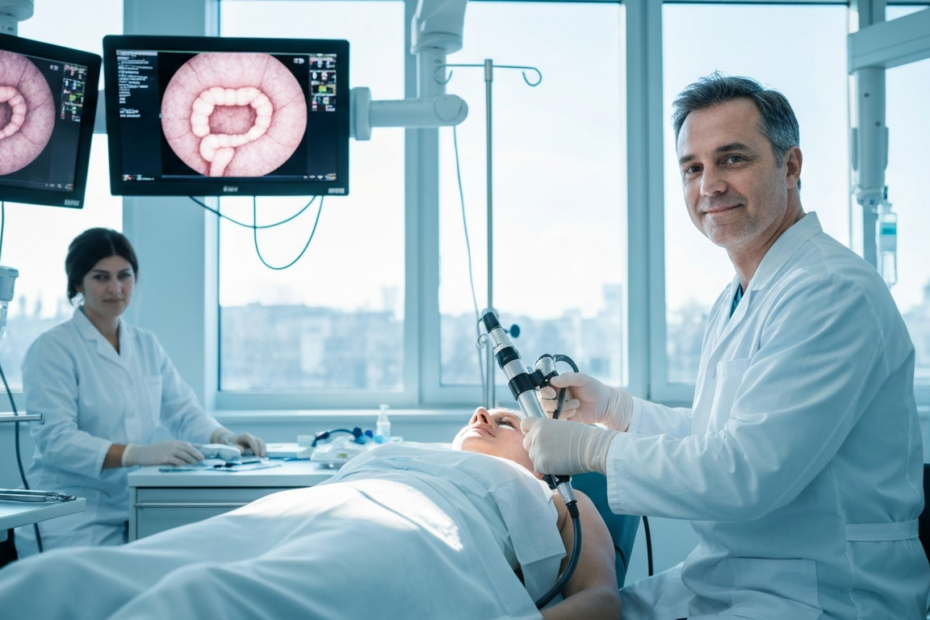 A detailed, photorealistic image of a modern colonoscopy procedure in a hospital setting, showing a gastroenterologist performing the examination on a patient with advanced medical equipment visible,