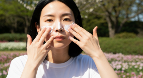 A close-up photorealistic image of a person applying sunscreen to their face in natural spring sunlight, showing proper technique with fingers spreading the cream evenly across cheeks, nose and forehe