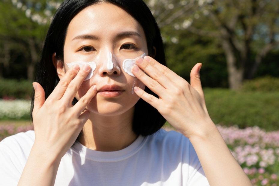 Protección solar en primavera: mitos y verdades según expertos 1 A close-up photorealistic image of a person applying sunscreen to their face in natural spring sunlight, showing proper technique with fingers spreading the cream evenly across cheeks, nose and forehe