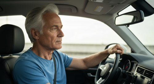 A mature adult with silver hair carefully adjusting the rearview mirror in a modern car, showing focus and attention to safety details, natural daylight through the windshield, realistic facial expres
