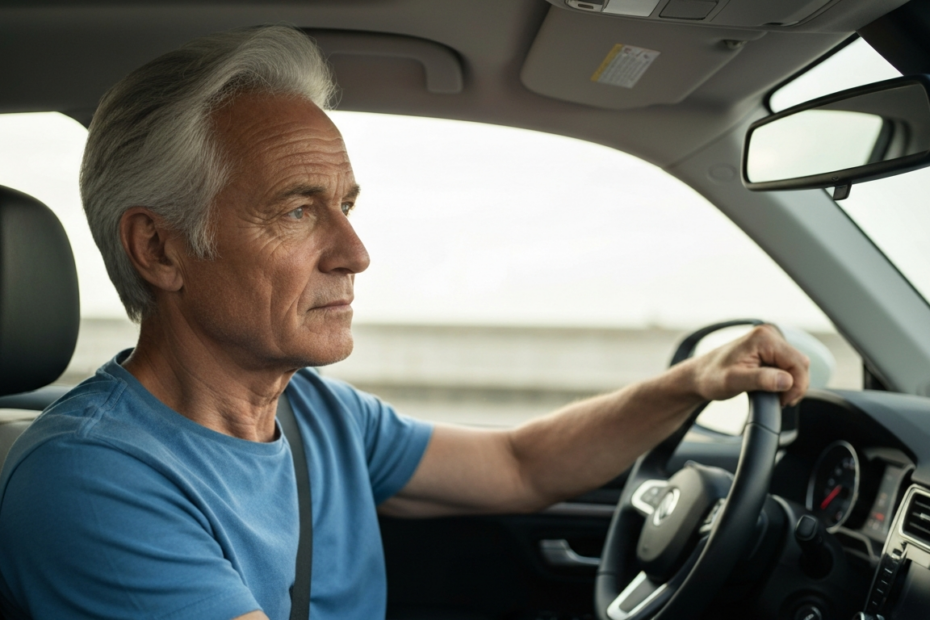 A mature adult with silver hair carefully adjusting the rearview mirror in a modern car, showing focus and attention to safety details, natural daylight through the windshield, realistic facial expres