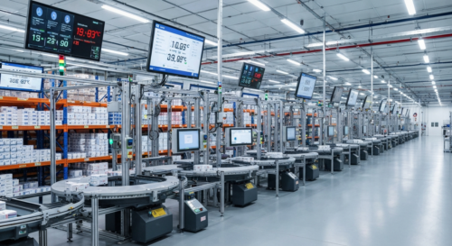 A modern pharmaceutical warehouse with automated robotic systems handling temperature-controlled medication packages, showing advanced logistics technology in a clean, sterile environment with monitor