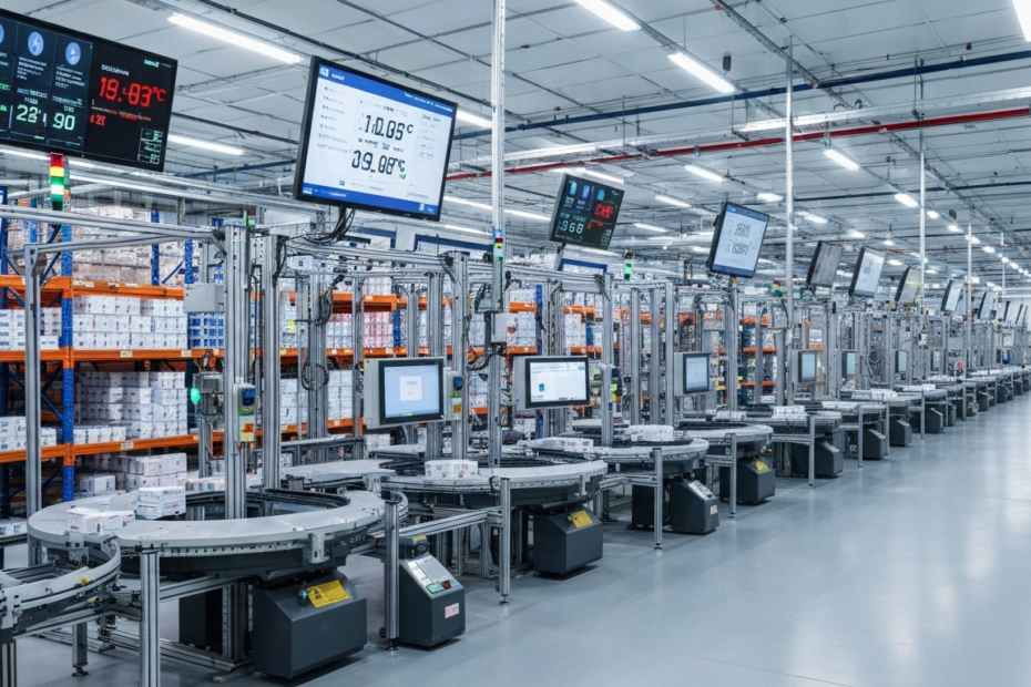 Logística Farmacéutica: Clave en la Cadena de Suministro de Medicamentos 1 A modern pharmaceutical warehouse with automated robotic systems handling temperature-controlled medication packages, showing advanced logistics technology in a clean, sterile environment with monitor