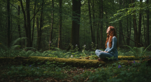 A serene forest scene with dappled sunlight filtering through lush green canopy, a person sitting peacefully on a moss-covered log, breathing deeply with eyes closed, surrounded by ferns and wildflowe