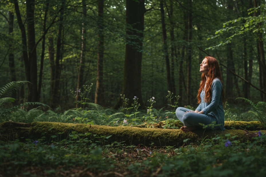 A serene forest scene with dappled sunlight filtering through lush green canopy, a person sitting peacefully on a moss-covered log, breathing deeply with eyes closed, surrounded by ferns and wildflowe