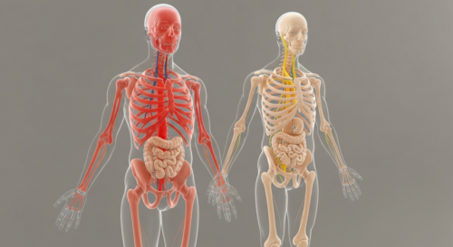 Detailed anatomical illustration showing transparent human body with highlighted cardiovascular system in red, nervous system in yellow, and muscular system in beige, on neutral background, photoreali