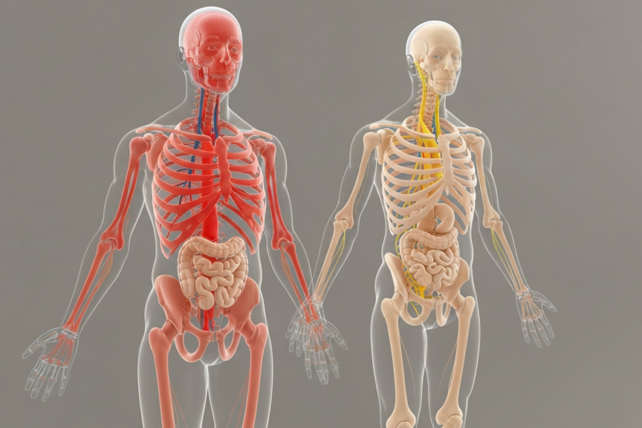 Detailed anatomical illustration showing transparent human body with highlighted cardiovascular system in red, nervous system in yellow, and muscular system in beige, on neutral background, photoreali