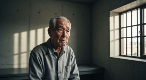 An elderly Japanese man with gray hair and wrinkles, sitting alone in a sparse prison cell with minimal furniture, looking through a small barred window with a somber expression, natural lighting from