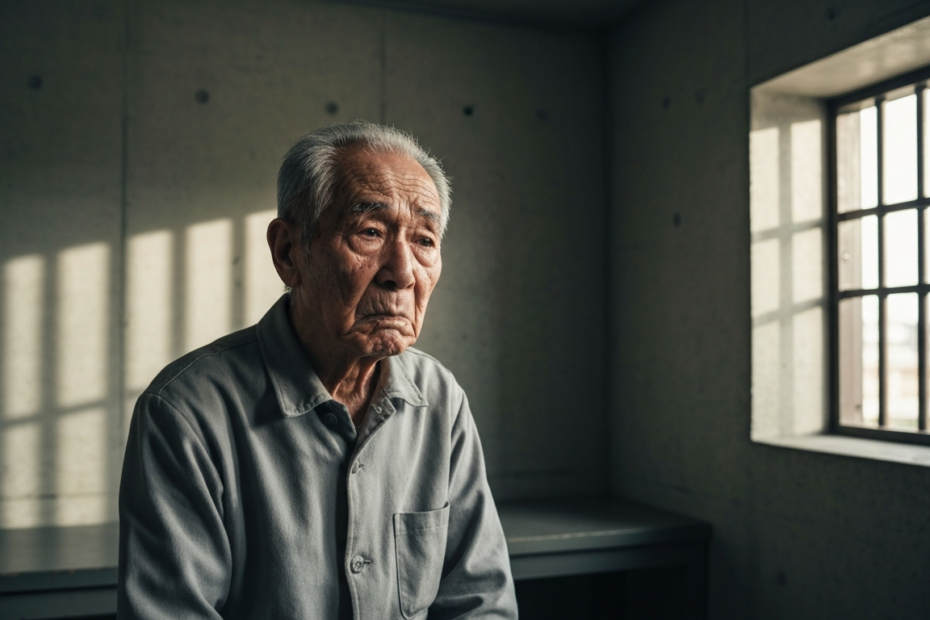 An elderly Japanese man with gray hair and wrinkles, sitting alone in a sparse prison cell with minimal furniture, looking through a small barred window with a somber expression, natural lighting from
