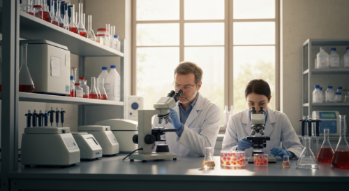 A detailed laboratory scene showing researchers in white coats examining cancer cell cultures under a microscope, with advanced laboratory equipment in the background including centrifuges and pipette