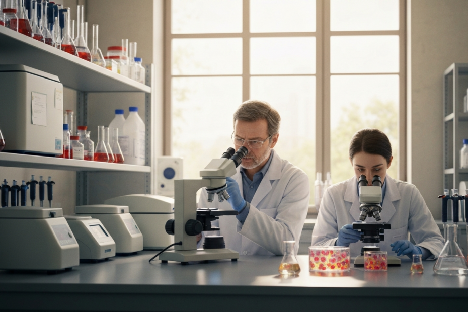 A detailed laboratory scene showing researchers in white coats examining cancer cell cultures under a microscope, with advanced laboratory equipment in the background including centrifuges and pipette
