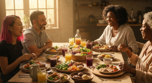 A photorealistic image of a diverse group of people of different ages and body types sitting around a table sharing a colorful, healthy meal together, laughing and talking in a warm, natural light set