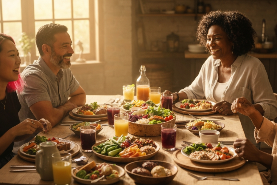 Psiconutrición: Más allá de la estética, salud integral 1 A photorealistic image of a diverse group of people of different ages and body types sitting around a table sharing a colorful, healthy meal together, laughing and talking in a warm, natural light set