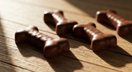 A detailed close-up of several Huesitos chocolate snacks unwrapped on a rustic wooden table, showing their distinctive bone-shaped design and glossy chocolate coating, with natural morning light creat