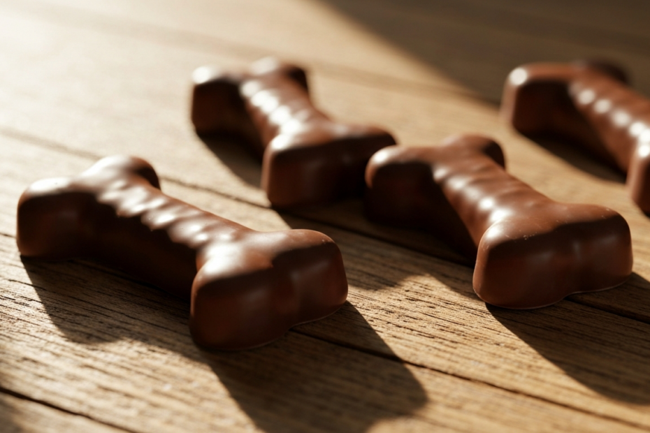 Huesitos Valor: 50 años de historia y beneficios del chocolate 1 A detailed close-up of several Huesitos chocolate snacks unwrapped on a rustic wooden table, showing their distinctive bone-shaped design and glossy chocolate coating, with natural morning light creat