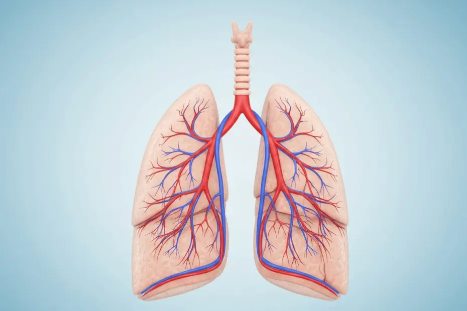 A detailed, photorealistic image of healthy human lungs with clear bronchial tubes and blood vessels, shown in a medical illustration style against a light blue background, highlighting the pulmonary
