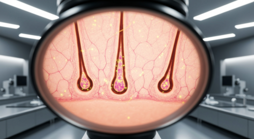 A detailed, photorealistic close-up of a human scalp under a microscope, showing healthy hair follicles with vibrant cellular structures and bioluminescent markers indicating genetic activity, in a mo