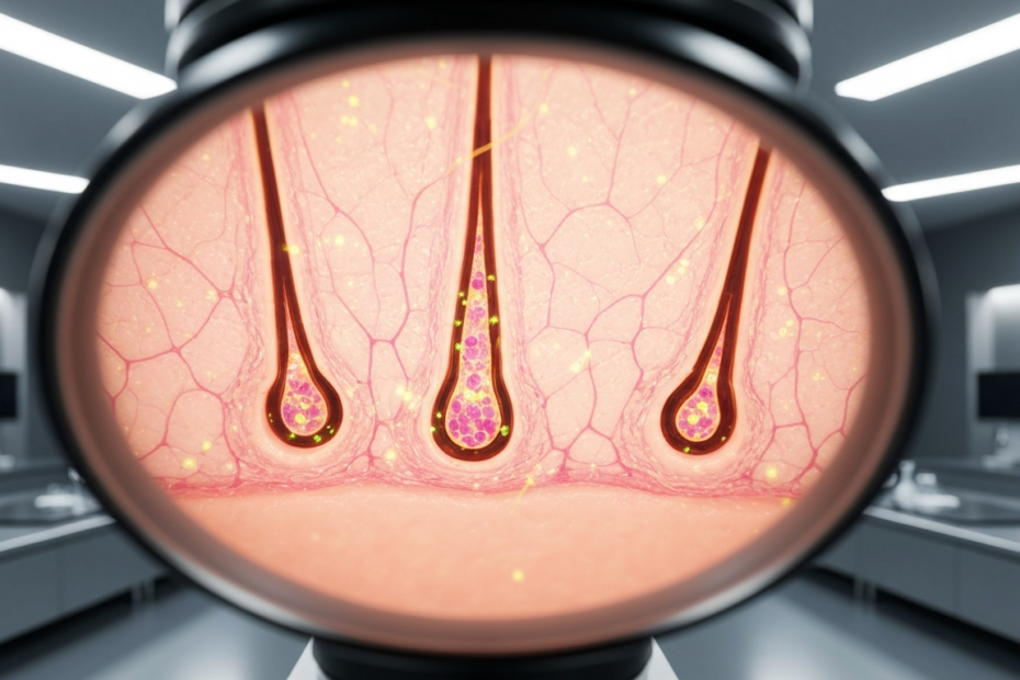 IA y Biotecnología: Revolución en Tratamientos Capilares 1 A detailed, photorealistic close-up of a human scalp under a microscope, showing healthy hair follicles with vibrant cellular structures and bioluminescent markers indicating genetic activity, in a mo