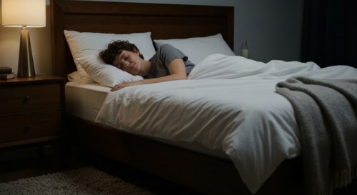 A person sleeping peacefully in a dark, quiet bedroom with comfortable bedding, showing a relaxed facial expression and proper sleep posture, with soft ambient lighting from a nightstand lamp