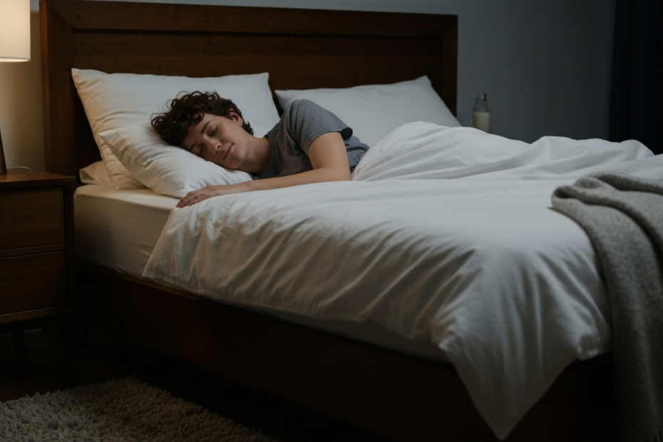 A person sleeping peacefully in a dark, quiet bedroom with comfortable bedding, showing a relaxed facial expression and proper sleep posture, with soft ambient lighting from a nightstand lamp