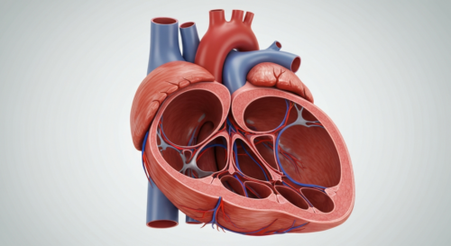 A detailed, photorealistic cross-section of a healthy human heart showing its four chambers, valves, and blood vessels, with a clean medical illustration style on a light background, highlighting the