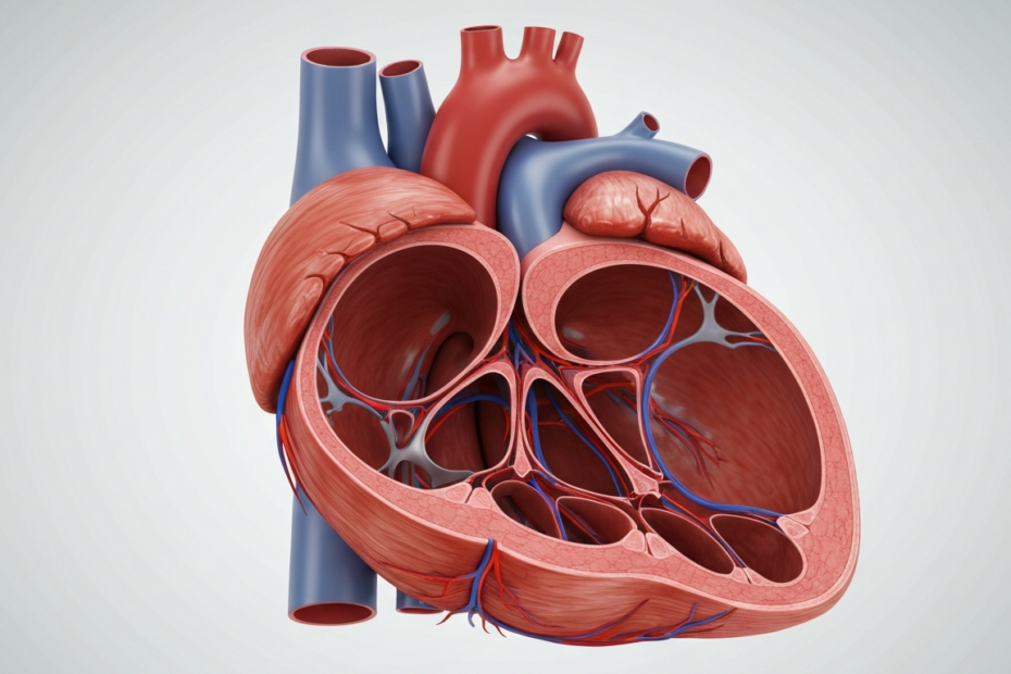 Corazón: Anatomía, Salud y Simbolismo en la Cultura 1 A detailed, photorealistic cross-section of a healthy human heart showing its four chambers, valves, and blood vessels, with a clean medical illustration style on a light background, highlighting the