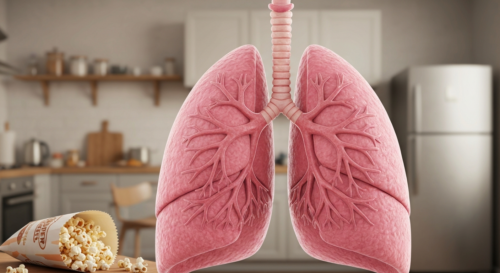 A detailed, photorealistic close-up of healthy human lungs in a medical illustration style, showing pink tissue and bronchioles, with a subtle background of a kitchen setting and popcorn bag in the di