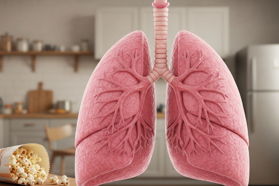 Pulmón de Palomitas: Qué es, Síntomas y Prevención 1 A detailed, photorealistic close-up of healthy human lungs in a medical illustration style, showing pink tissue and bronchioles, with a subtle background of a kitchen setting and popcorn bag in the di