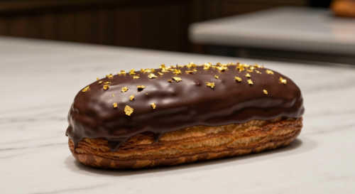 A close-up, photorealistic image of a luxurious chocolate palmier pastry on a marble countertop, with golden edible flakes sprinkled on top, in a high-end patisserie setting with soft lighting.