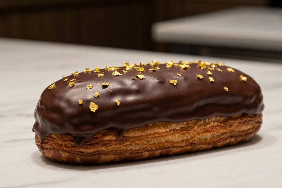 A close-up, photorealistic image of a luxurious chocolate palmier pastry on a marble countertop, with golden edible flakes sprinkled on top, in a high-end patisserie setting with soft lighting.