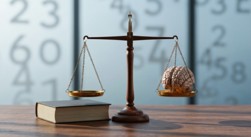A detailed, photorealistic image of a symbolic scale of justice balancing a law book on one side and a human brain model on the other, with soft focus background showing abstract representations of ag