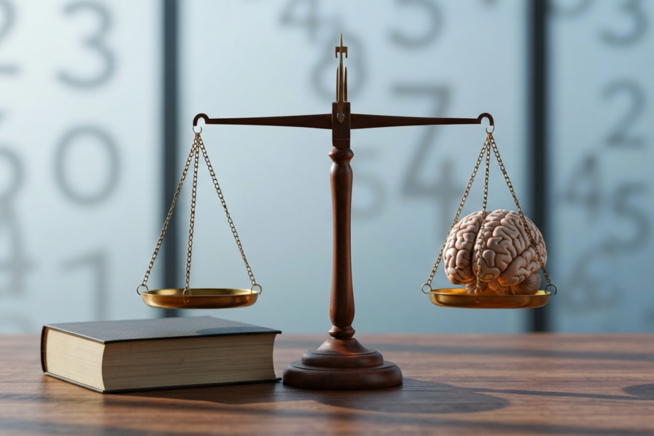 A detailed, photorealistic image of a symbolic scale of justice balancing a law book on one side and a human brain model on the other, with soft focus background showing abstract representations of ag