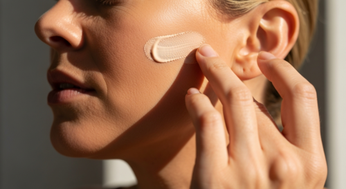 A close-up photorealistic image of a woman's hand applying CC cream to her cheek, showing smooth blending and natural skin texture, with soft morning light highlighting the product's creamy consistenc
