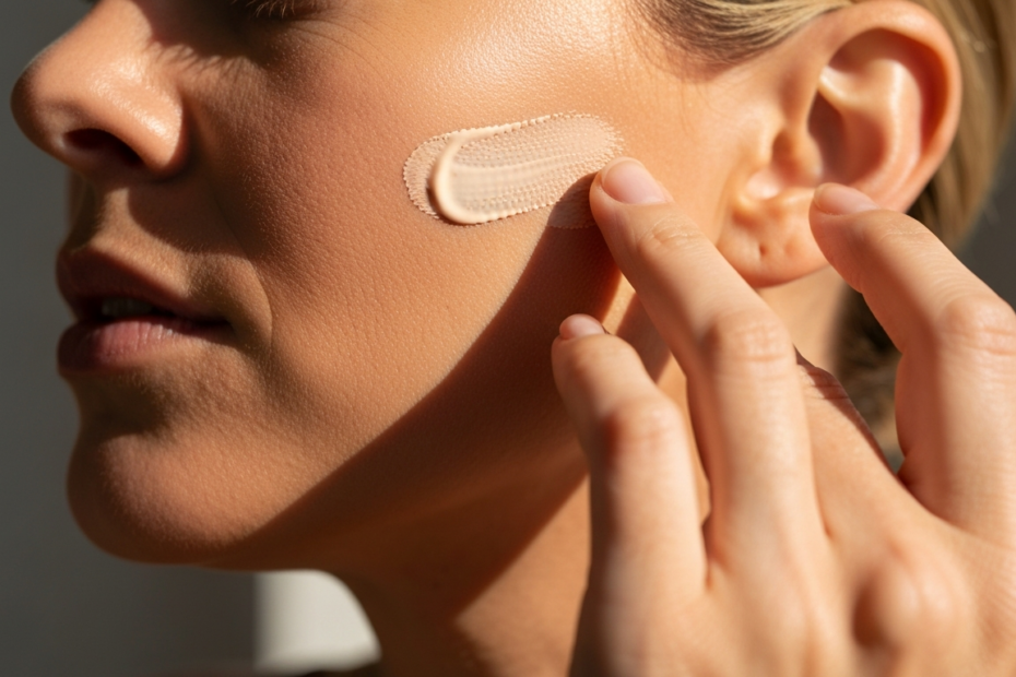 A close-up photorealistic image of a woman's hand applying CC cream to her cheek, showing smooth blending and natural skin texture, with soft morning light highlighting the product's creamy consistenc