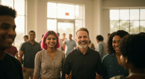 A diverse group of people of different ages and backgrounds smiling warmly in a community setting, some holding hands in solidarity, with soft natural lighting and a blurred background suggesting a su