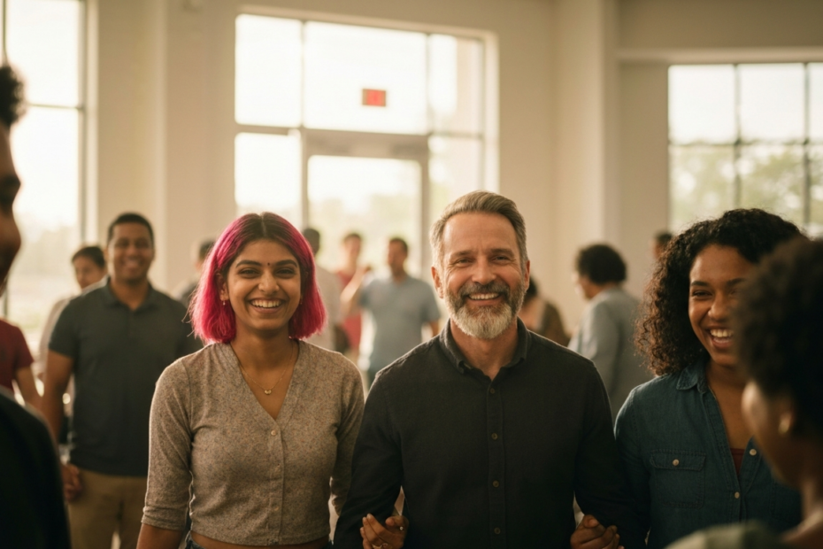 A diverse group of people of different ages and backgrounds smiling warmly in a community setting, some holding hands in solidarity, with soft natural lighting and a blurred background suggesting a su