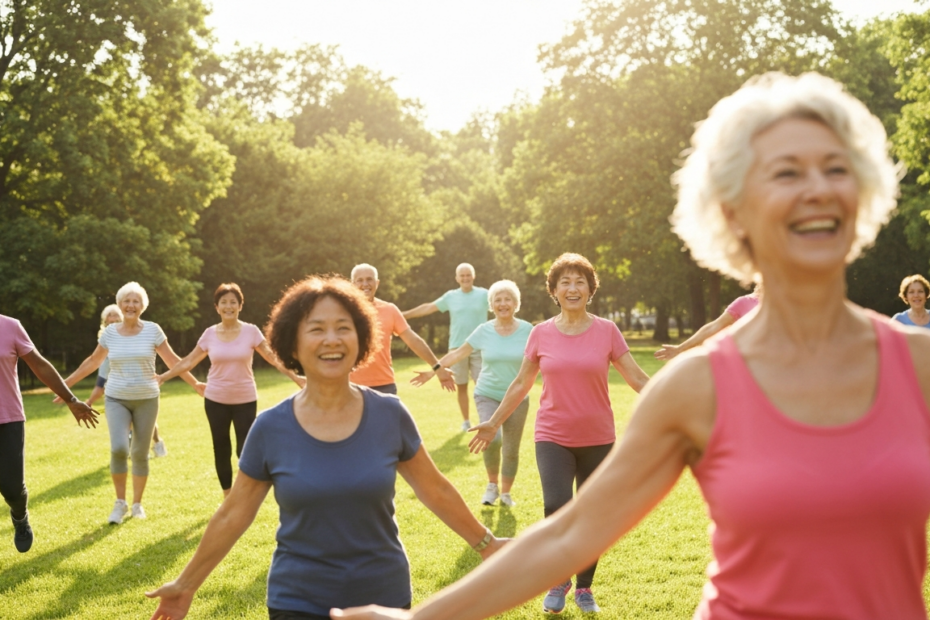 Edad de Plata: Salud y Longevidad en la Madurez 3 A vibrant, photorealistic image of a diverse group of active seniors in their 50s and 60s smiling and engaging in outdoor exercise, such as walking in a park or doing light yoga, with natural sunlight