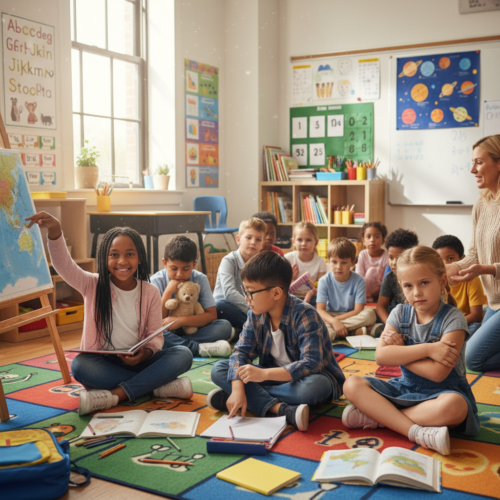 A diverse group of elementary school children sitting in a classroom, with some appearing slightly older and more confident while others look younger and more reserved, natural lighting from classroom