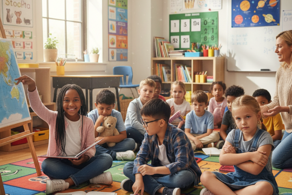 A diverse group of elementary school children sitting in a classroom, with some appearing slightly older and more confident while others look younger and more reserved, natural lighting from classroom