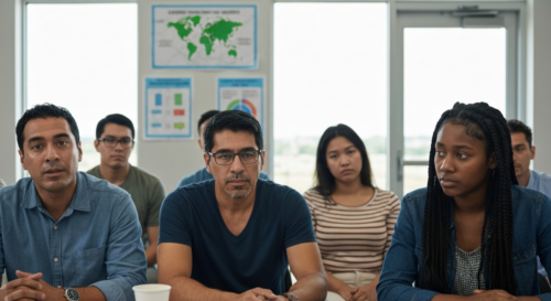 A concerned diverse group of community members gathered in a town hall meeting, discussing environmental issues with visible maps and charts on the wall, natural lighting from windows, realistic facia