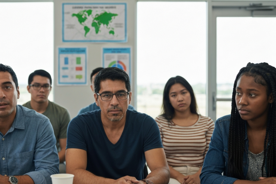 Conflictos ambientales: cómo afectan a la salud y bienestar de las comunidades 1 A concerned diverse group of community members gathered in a town hall meeting, discussing environmental issues with visible maps and charts on the wall, natural lighting from windows, realistic facia