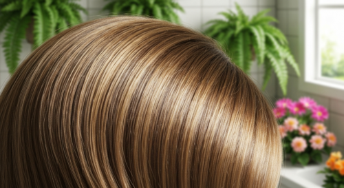 Close-up photorealistic image of healthy, shiny hair strands with natural light reflecting on them, showing smooth texture and vibrant color, against a blurred background of a bathroom setting with pl