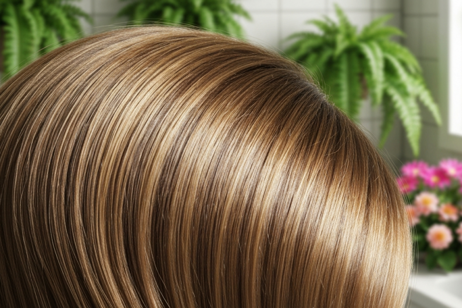 Cabello sano: consejos médicos para fortalecerlo naturalmente 1 Close-up photorealistic image of healthy, shiny hair strands with natural light reflecting on them, showing smooth texture and vibrant color, against a blurred background of a bathroom setting with pl
