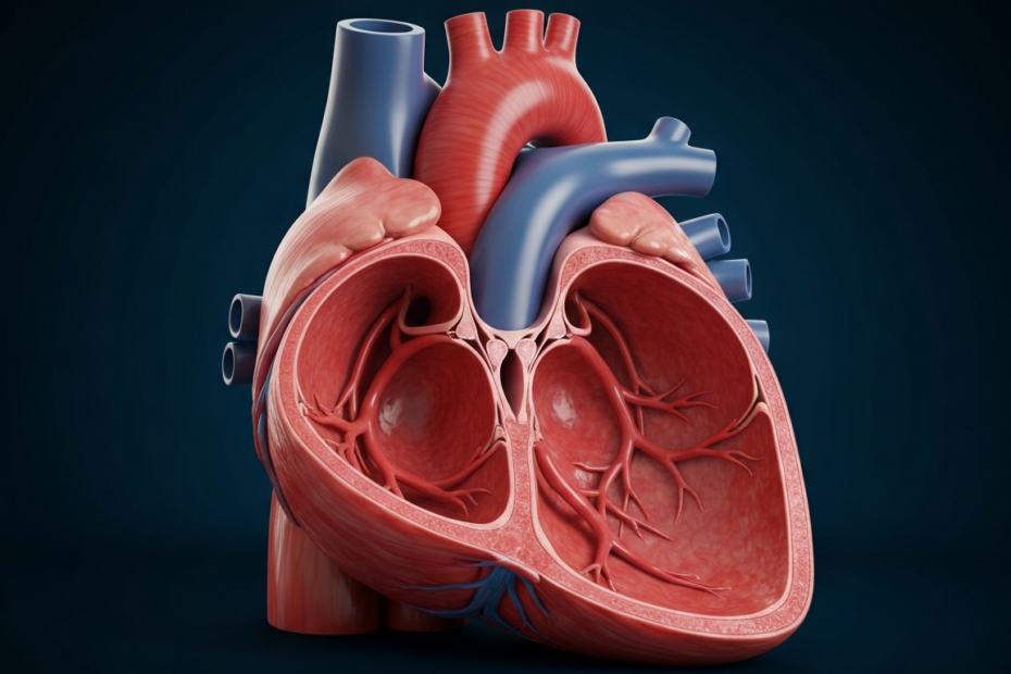 Envejecimiento cardíaco: mecanismos y prevención de insuficiencia 1 A detailed, photorealistic cross-section of a healthy human heart showing vibrant red muscle tissue, clear coronary arteries, and strong ventricles, placed on a dark blue background with soft lighting